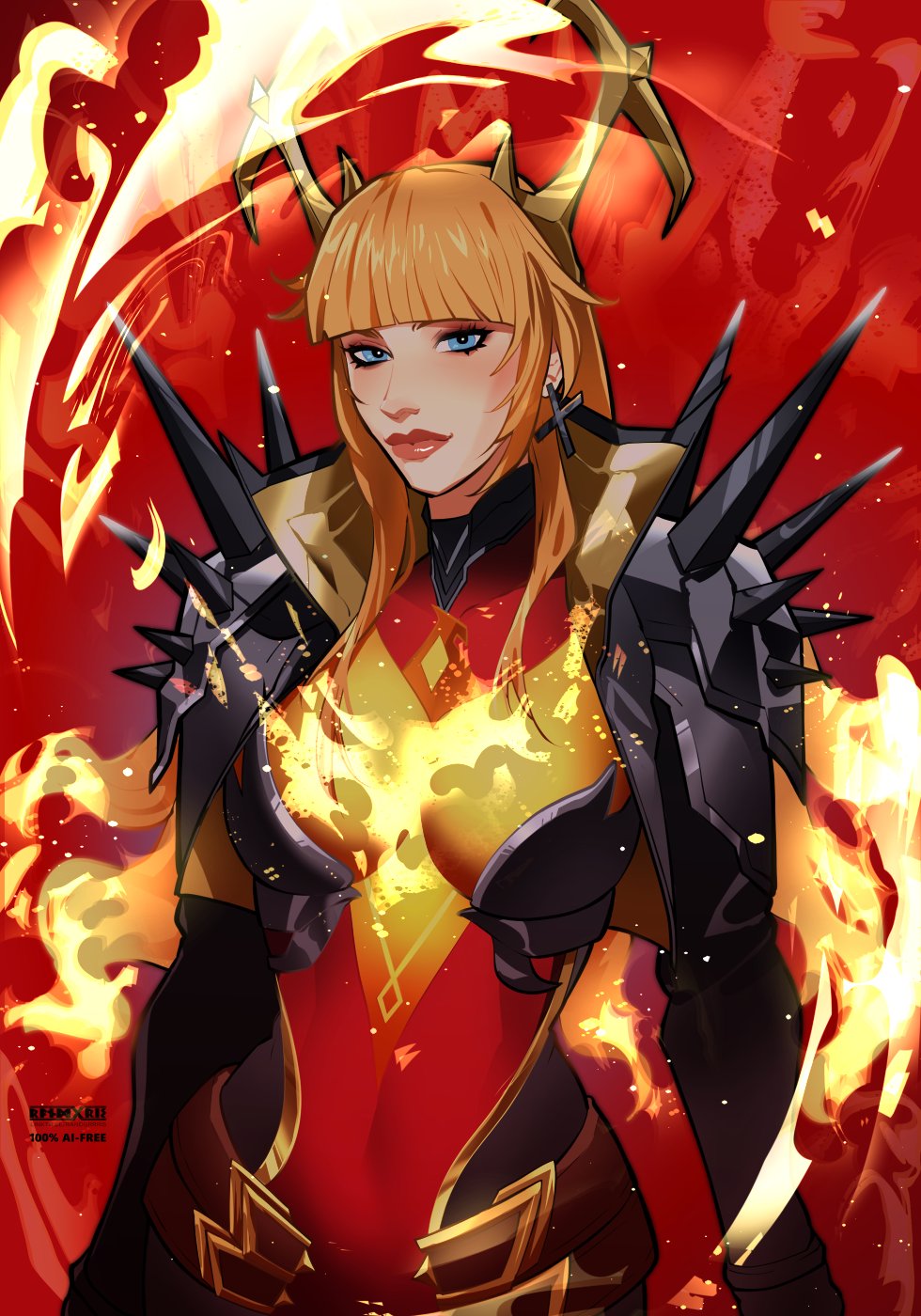 1girl, armor, blonde_hair, blue_eyes, breasts, earrings, fire, gloves