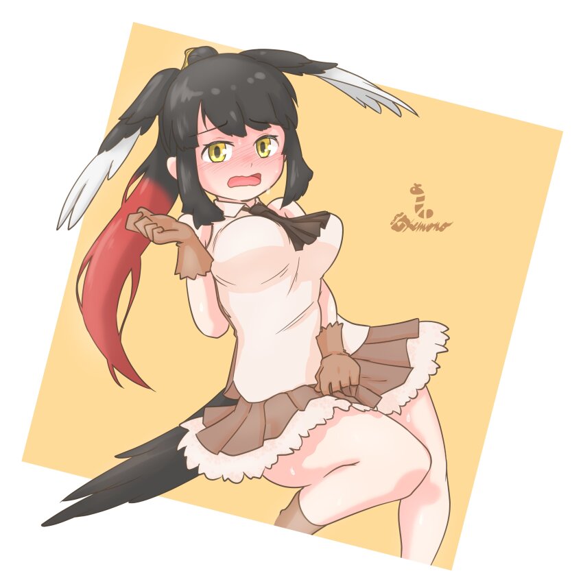 1girl, absurdres, alternate_costume, bare_shoulders, bird_girl, bird_tail, bird_wings, black_hair
