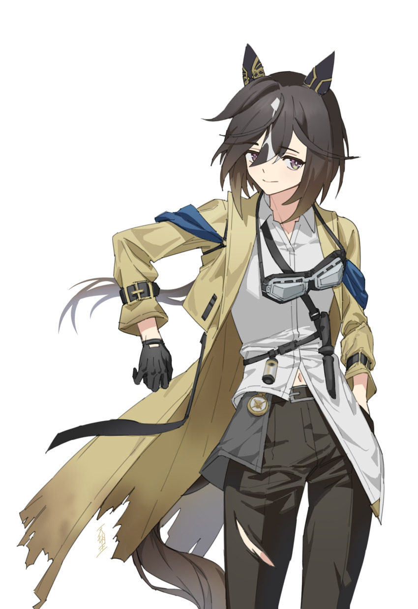 1girl, androgynous, animal_ears, belt, black_gloves, black_pants, brown_hair, closed_mouth