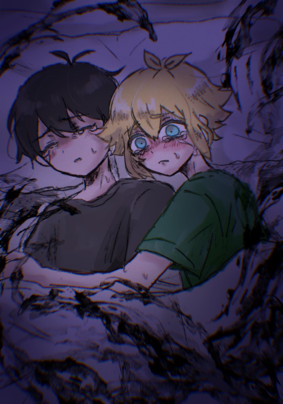 2boys, alternate_costume, antenna_hair, basil_(faraway)_(omori), basil_(omori), black_hair, black_shirt, blonde_hair