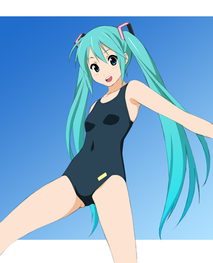 1girl, aqua_hair, blue_eyes, female_focus, fukuoka_katsumi, green_eyes, green_hair, hatsune_miku, hatsune_miku_(swimwear_s), long_hair, matching_hair/eyes, one-piece_swimsuit, school_swimsuit, solo, swimsuit, twintails, vocaloid