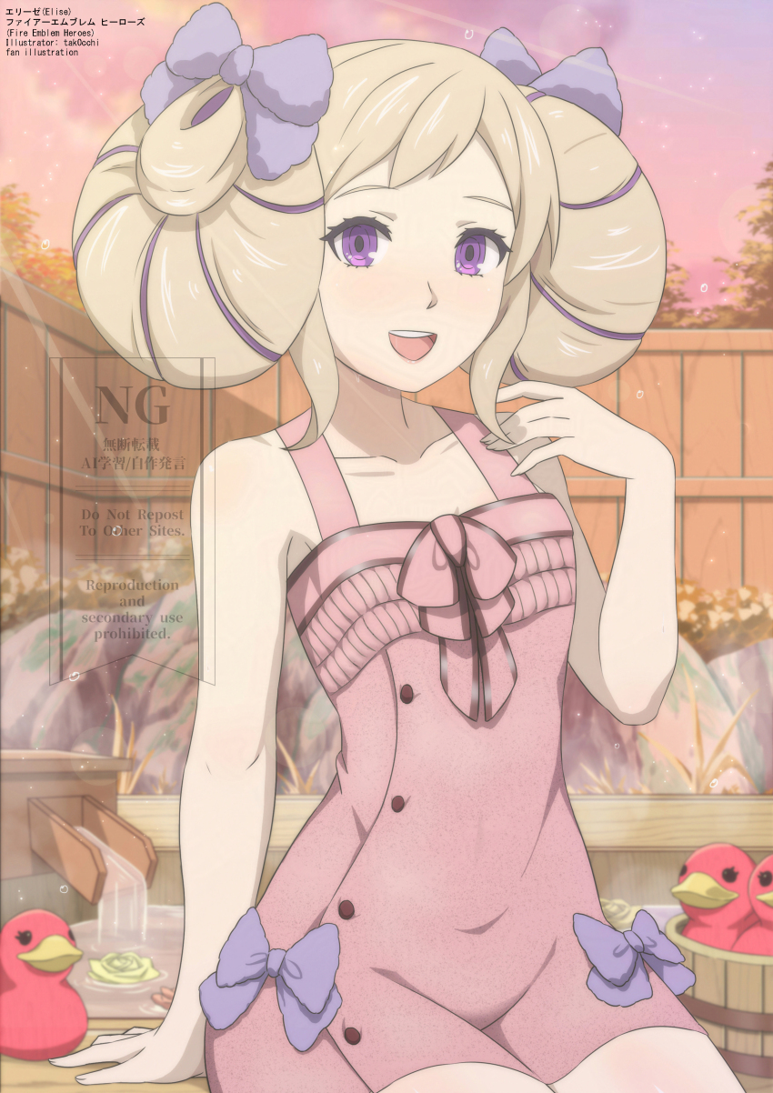 1girl, absurdres, alternate_hairstyle, armpits, bare_arms, bare_shoulders, blonde_hair, blush