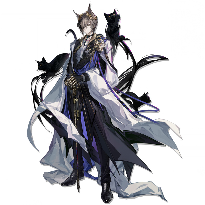 1boy, animal, animal_ears, arknights, bishounen, black_cat, black_coat, black_pants, black_shoes, black_theme, brown_hair, cane, cat, cat_boy, cat_ears, cat_tail, coat, eye_mask, formal_clothes, full_body, hair_over_one_eye, half_eye_mask, hand_on_cane, highres, infection_monitor_(arknights), laurel_crown, looking_at_viewer, male_focus, mask, mask_over_one_eye, official_alternate_costume, official_art, one_eye_covered, pants, phantom_(arknights), planted, planted_cane, shoes, short_hair, simple_background, skade, solo, standing, tachi-e, tail, third-party_source, tragodia_(arknights), transparent_background, yellow_eyes