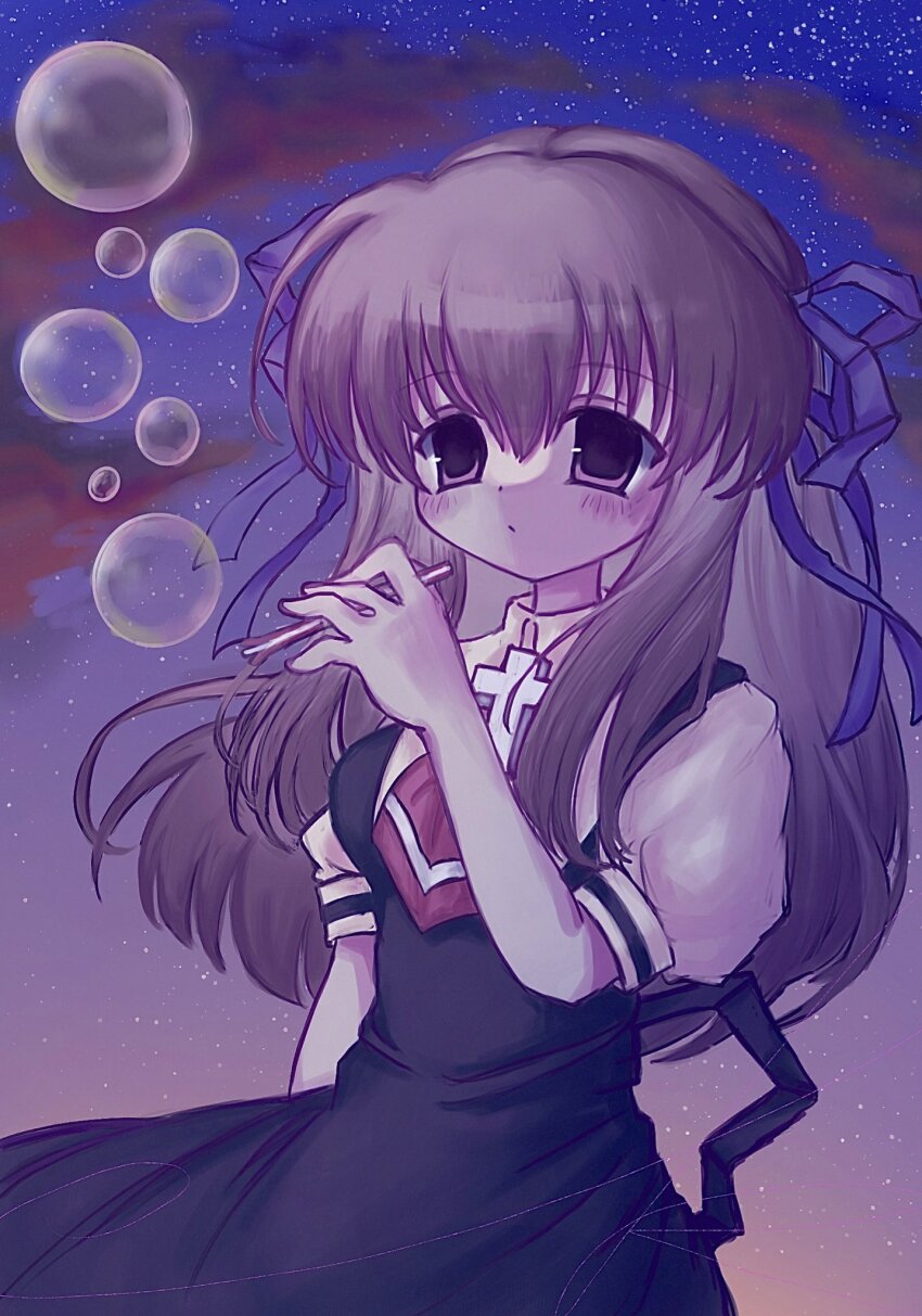 1girl, air_(visual_novel), ascot, back_bow, black_dress, black_hair, blue_ribbon, blush, bow, brooch, bubble, bubble_pipe, cloud, collared_shirt, commentary, cross_brooch, dress, english_commentary, hair_between_eyes, hair_ribbon, highres, imydestination, jewelry, long_hair, looking_afar, night, puffy_short_sleeves, puffy_sleeves, red_ascot, ribbon, school_uniform, shirt, short_sleeves, sky, solo, star_(sky), starry_sky, toono_minagi, white_shirt