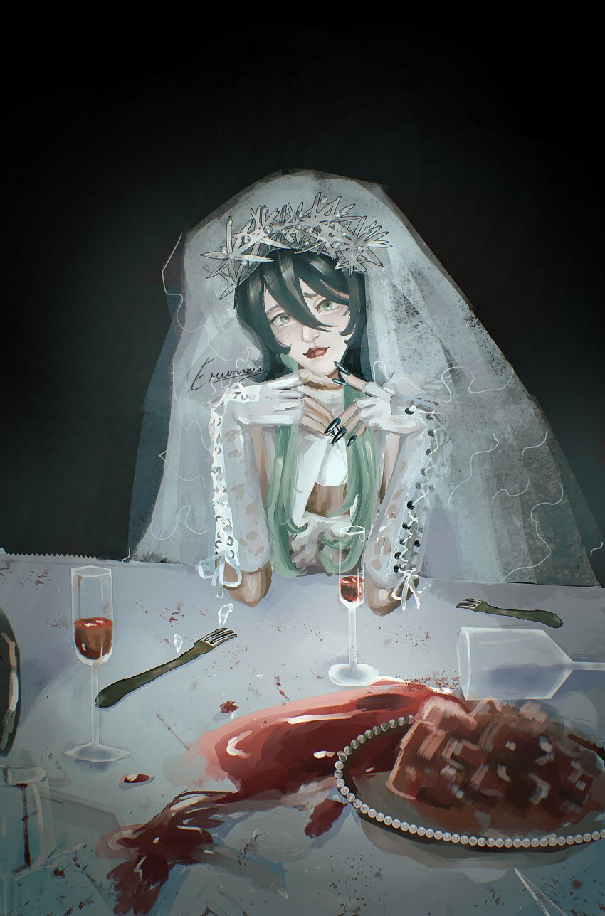 1girl, absurdres, black_hair, blood, blood_on_body, erunaria7, gokurakugai, green_eyes