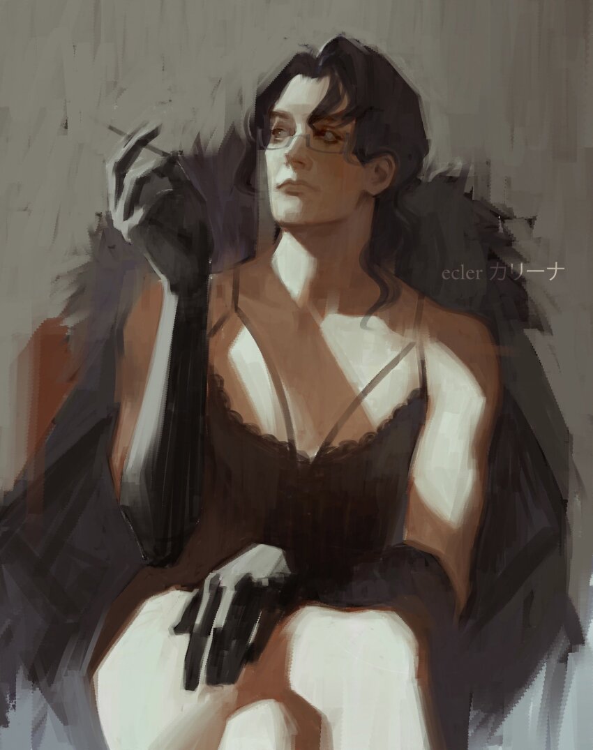 1boy, black_dress, black_gloves, black_hair, bra_strap, brown_eyes, cigarette, coat