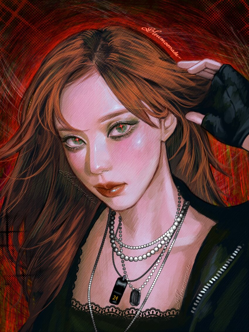 1girl, aespa, artist_name, black_gloves, bleumoonade, brown_hair, closed_mouth, commentary