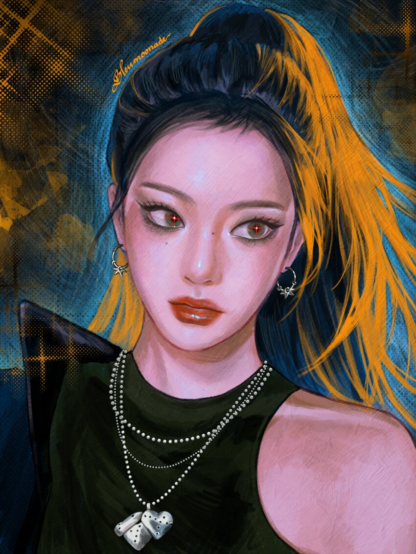 1girl, absurdres, aespa, artist_name, black_hair, bleumoonade, closed_mouth, commentary