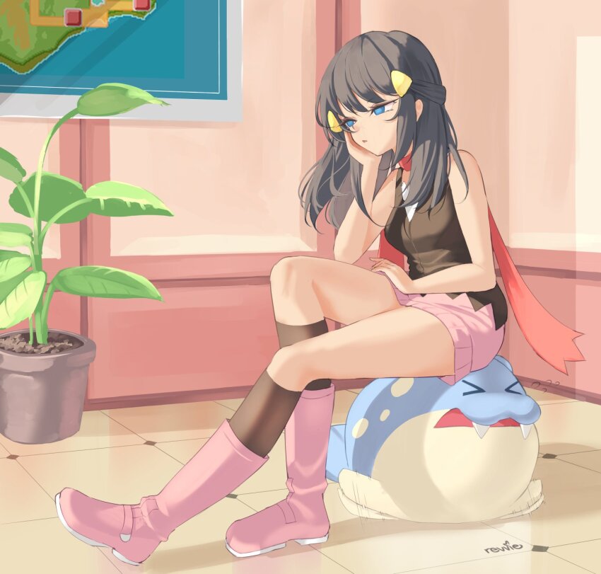 1girl, black_hair, black_socks, blue_eyes, boots, breasts, closed_eyes, closed_mouth