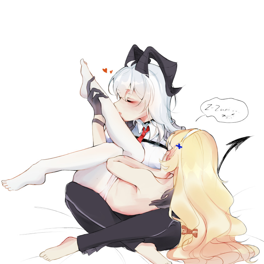 2girls, absurdres, barefoot, black_gloves, blonde_hair, blush, closed_eyes, collared_shirt, commentary, covering_face, demon_horns, demon_tail, english_commentary, gloves, hairband, hand_on_another's_leg, heart, highres, horns, kissing_leg, long_hair, lying_on_lap, mikori, multiple_girls, necktie, pantyhose, phoebe_(wuthering_waves), red_necktie, shirt, simple_background, speech_bubble, tail, toes, topless_female, white_background, white_hair, white_hairband, white_pantyhose, white_shirt, wuthering_waves, yuri, zani_(wuthering_waves)