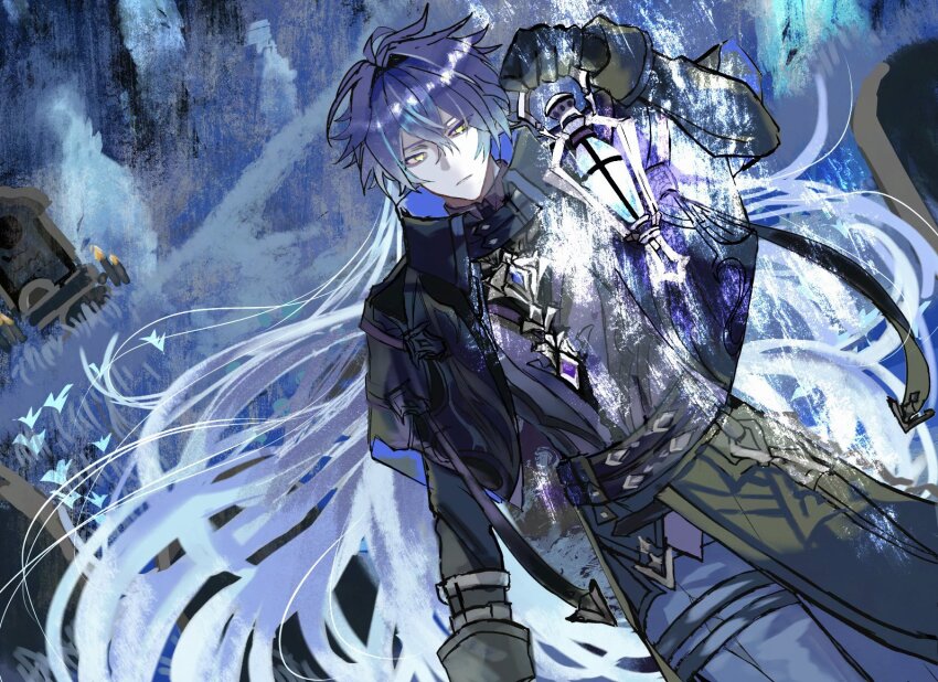 1boy, absurdly_long_hair, arm_up, belt, black_belt, black_coat, black_jacket, blue_hair