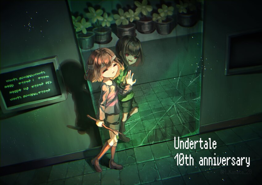 2others, anniversary, bandaged_head, bandages, black_shorts, blue_shirt, broken_mirror, chara_(undertale), closed_eyes, commentary_request, copyright_name, different_reflection, double_horizontal_stripe, english_text, flower, flower_pot, frisk_(undertale), green_shirt, harumachi_kanata, highres, holding, holding_stick, long_sleeves, looking_at_viewer, mirror, multiple_others, other_focus, red_eyes, reflection, screen, shirt, short_hair, shorts, smile, stick, striped_clothes, striped_shirt, tile_floor, tiles, undertale, utdr_(toby_fox), yellow_flower
