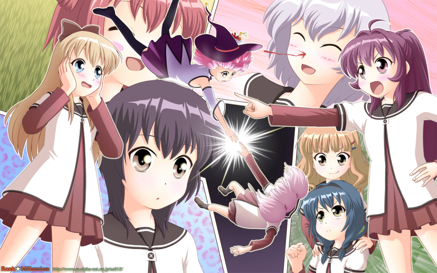 >:), >:o, 6+girls, :o, ahoge, akaza_akari, black_hair, blonde_hair