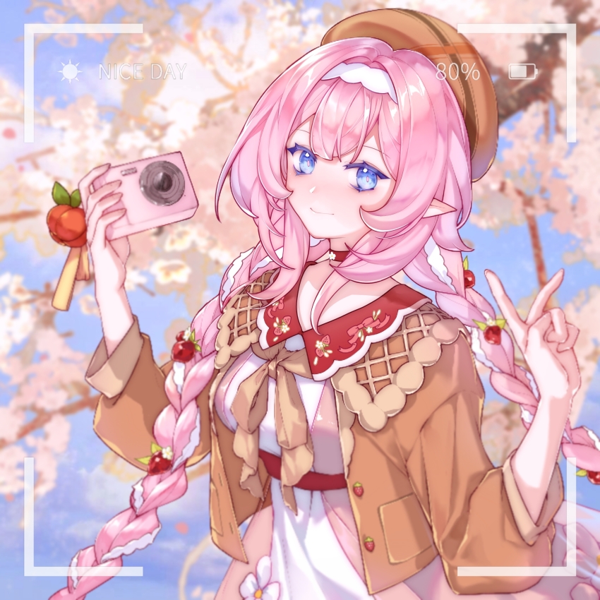 1girl, absurdres, alternate_costume, battery_indicator, beret, blue_eyes, braid, breasts