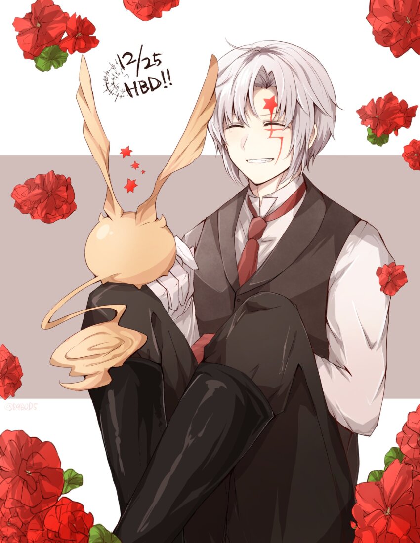 1boy, allen_walker, birthday, black_boots, boots, brown_pants, brown_vest, closed_eyes