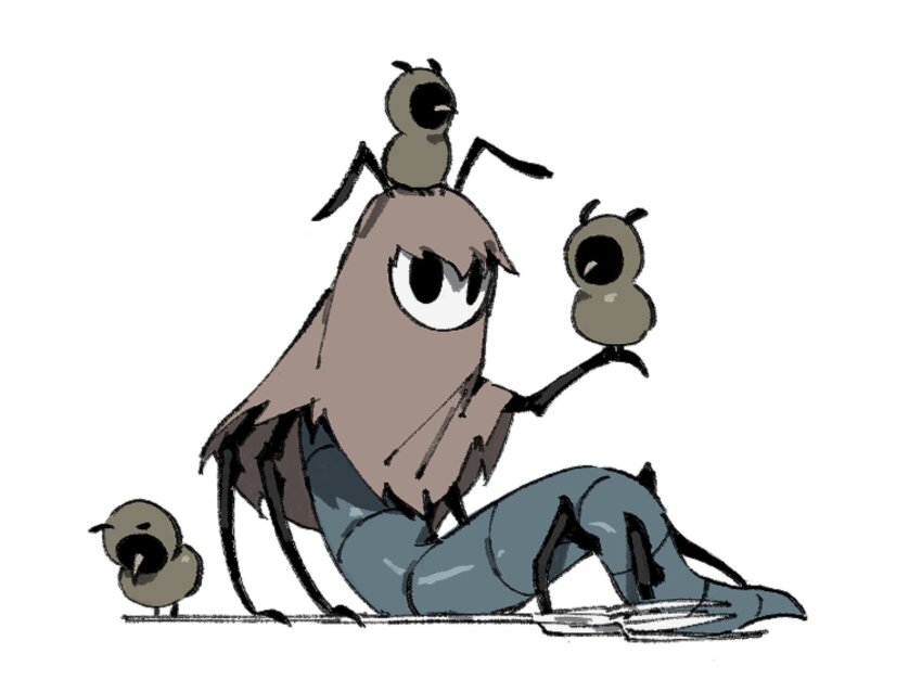 antennae, bird, brown_cloak, bug, cloak, craw_(hollow_knight), hollow_knight, hollow_knight:_silksong, no_humans, p_0p, polearm, simple_background, sitting, thread_raker, trident, weapon, white_background, white_mask