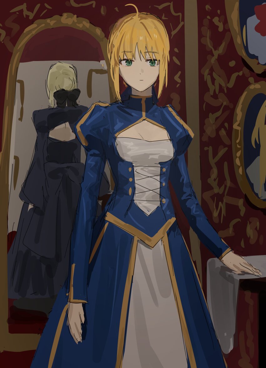 2girls, absurdres, ahoge, artoria_pendragon_(fate), black_dress, blonde_hair, blue_dress, different_reflection, dress, dual_persona, fate/stay_night, fate_(series), fgo_gwa, half-dressed_in_the_mirror_(meme), highres, looking_at_viewer, meme, multiple_girls, reflection, saber_(fate), saber_alter