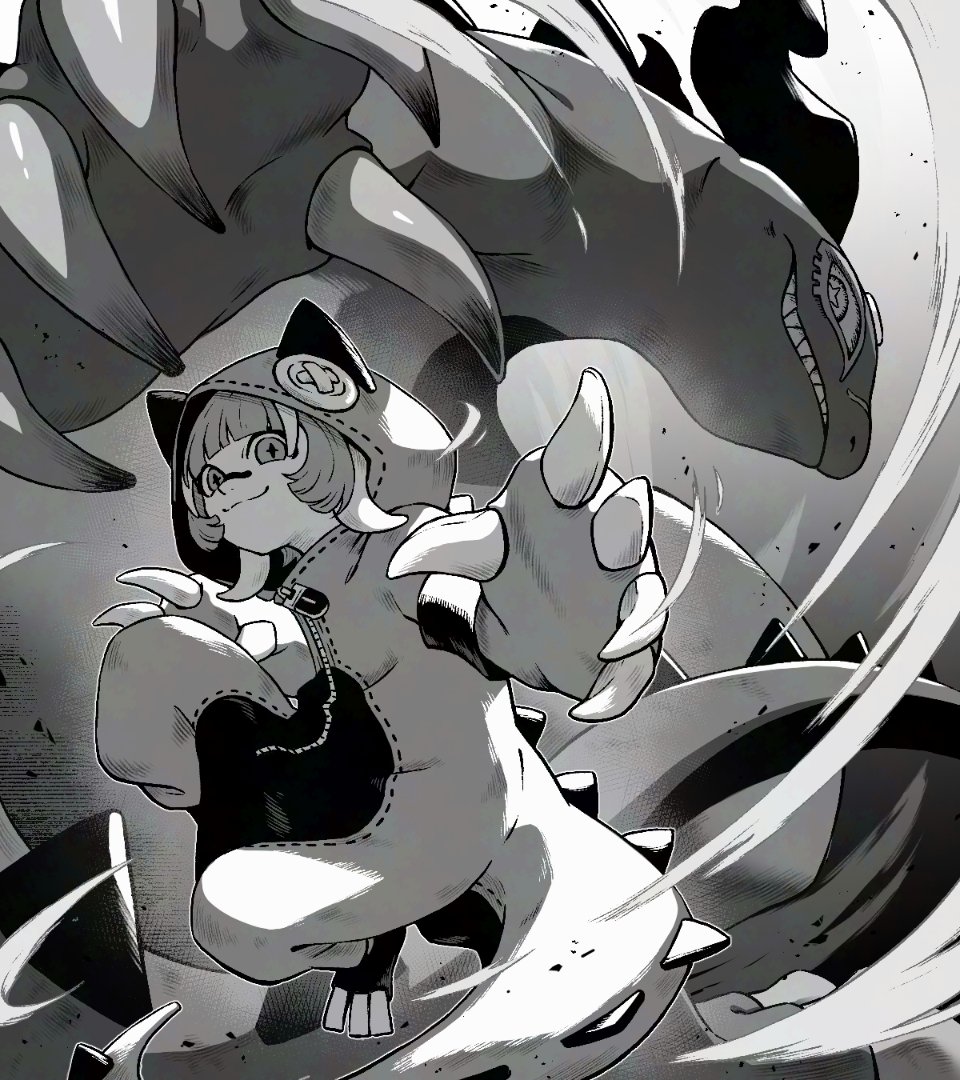 1girl, :3, closed_mouth, cosplay, full_body, gachiakuta, greyscale, guita_hebby_fantasia