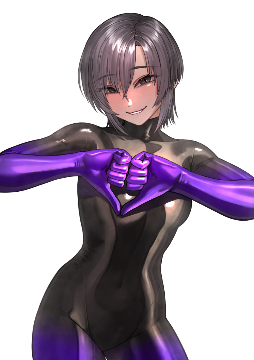 1girl, absurdres, black_bodysuit, bodysuit, covered_navel, double_thumbs_down, eyes_visible_through_hair, gradient_bodysuit, gradient_clothes, grey_eyes, grey_hair, heart, heart_hands, high_collar, highres, kilye_kairi, latex, latex_bodysuit, looking_at_viewer, medium_hair, multicolored_bodysuit, original, purple_bodysuit, seams, simple_background, skin_tight, smile, thumbs_down, thumbs_down_heart_hands, two-tone_bodysuit, upper_body, white_background