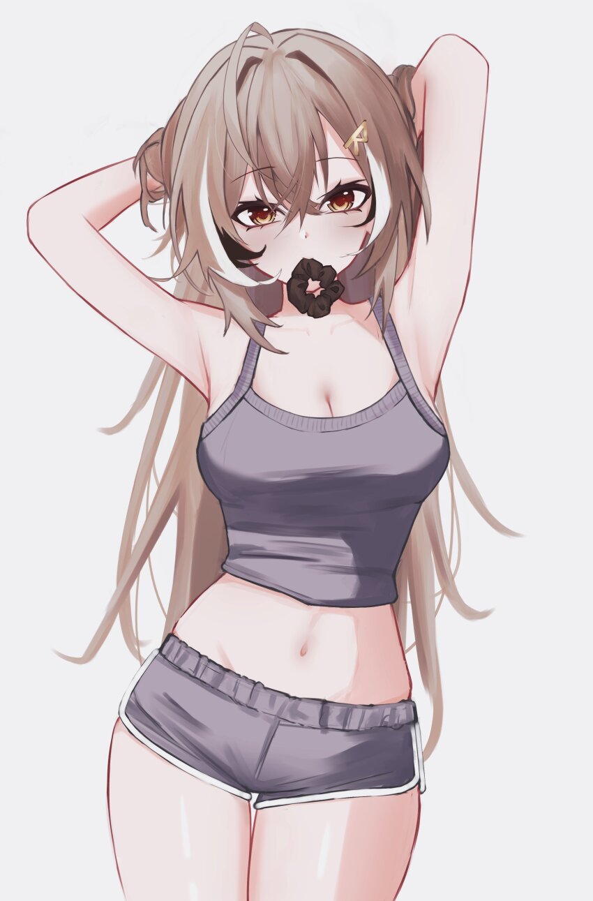 1girl, absurdres, alternate_costume, armpits, arms_up, black_streaks, breasts, brown_eyes, brown_hair, camisole, cleavage, dolphin_shorts, grey_camisole, grey_shorts, hair_ornament, hair_scrunchie, hair_tie_in_mouth, highres, hololive, hololive_english, large_breasts, long_hair, looking_at_viewer, meme, mouth_hold, nanashi_mumei, navel, saltdcrmell, scrunchie, short_shorts, shorts, simple_background, solo, virtual_youtuber, which_holomem_looks_best_in_these?_(meme), white_background, white_streaks