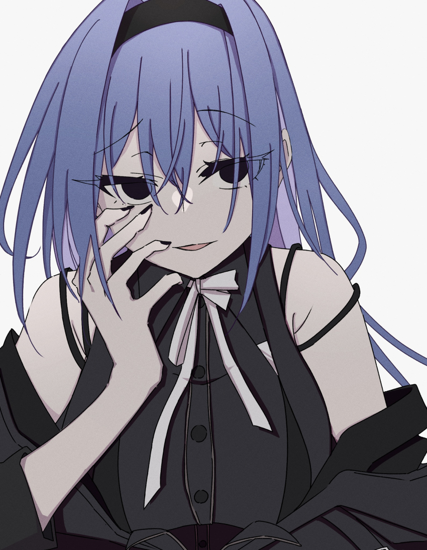 1girl, black_eyes, black_hairband, black_jacket, black_shirt, blue_hair, cometik_note_(idolmaster), commentary