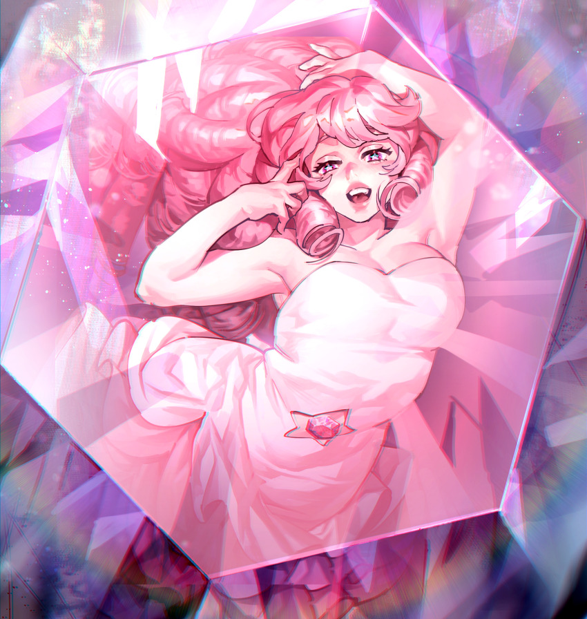 1girl, breasts, cleavage, clothing_cutout, curly_hair, dress, gem, gem_(steven_universe)