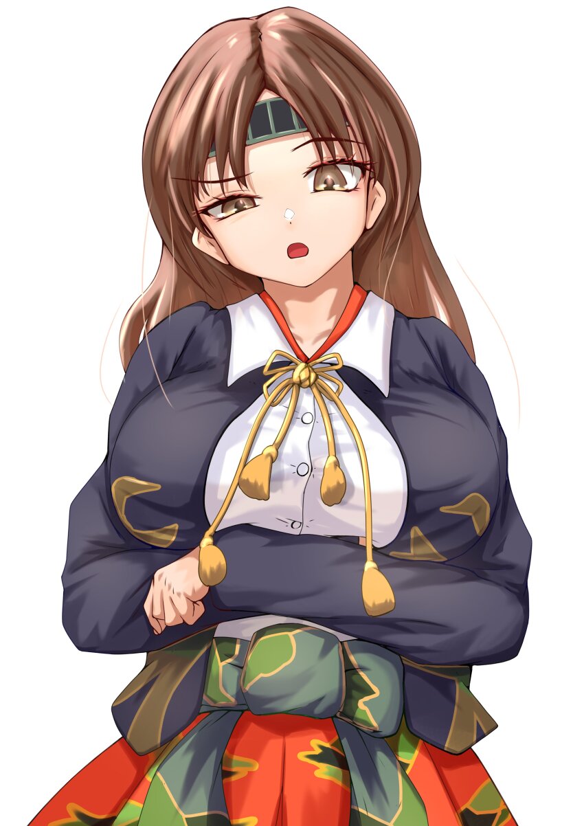 absurdres, breasts, brown_hair, camouflage, camouflage_skirt, chiyoda_(kancolle), chiyoda_kai_ni_(kancolle), crossed_arms, hair_ornament, hair_ribbon, hakama, hakama_skirt, headband, highres, jacket, japanese_clothes, kantai_collection, large_breasts, long_hair, long_sleeves, looking_at_viewer, ponytail, red_hakama, ribbon, short_hair, skirt, tastas, white_background