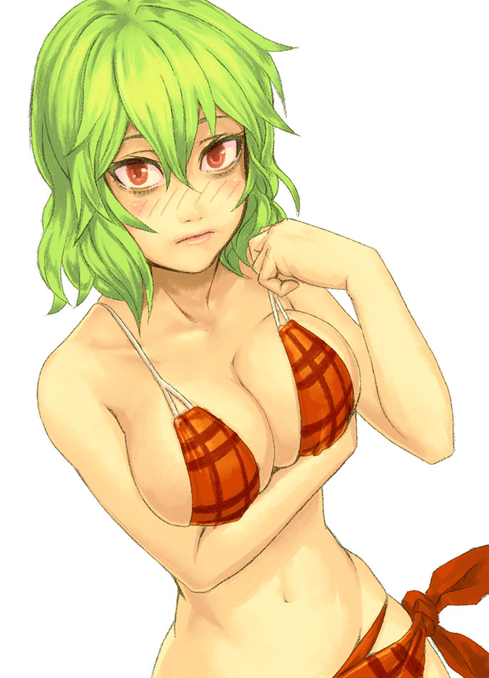 1girl, bad_id, bad_pixiv_id, bikini, blush, breast_hold, breasts, cleavage, dutch_angle, female_focus, green_hair, kazami_yuuka, large_breasts, looking_at_viewer, navel, plaid_clothes, plaid_sarong, red_eyes, sarong, short_hair, simple_background, solo, swimsuit, touhou, upper_body, yuuji_(and)