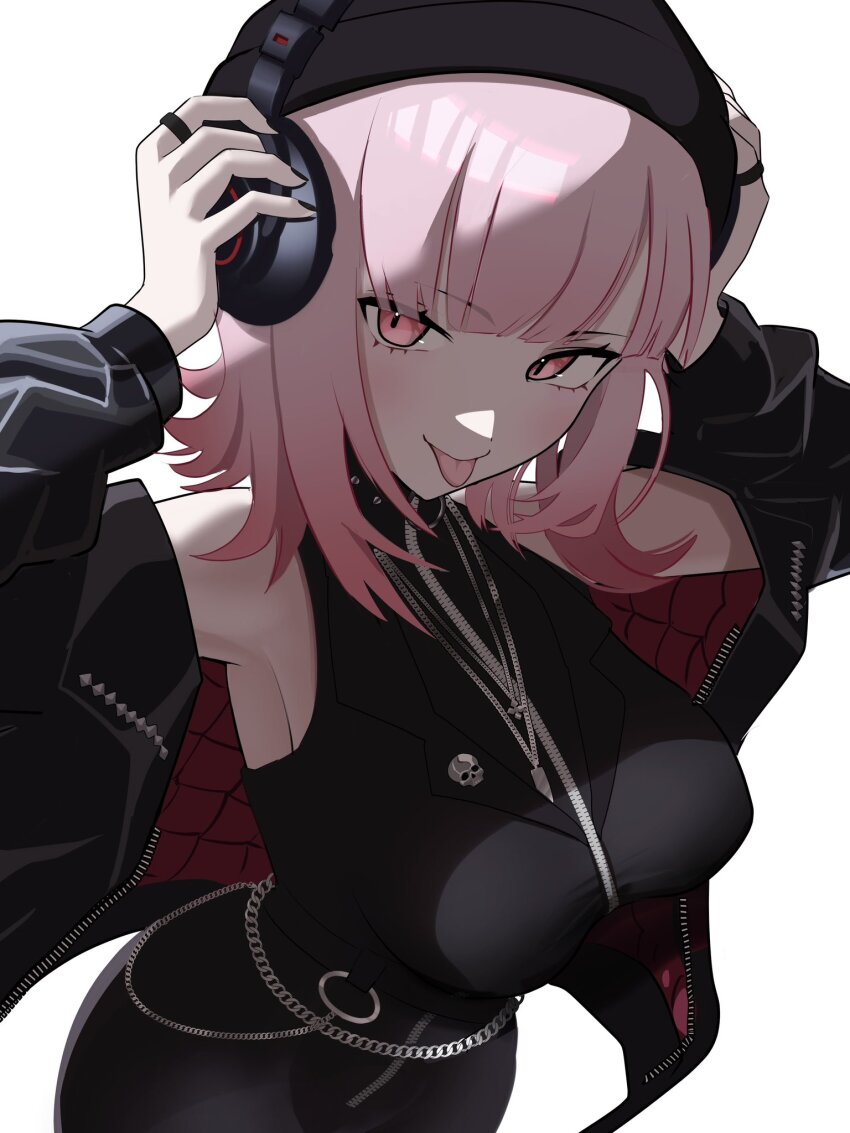 1girl, beanie, black_hat, black_jacket, black_pants, black_shirt, breasts, chain, hat, headphones, highres, hololive, hololive_english, jacket, jewelry, large_breasts, looking_at_viewer, mori_calliope, mori_calliope_(the_story_thus_far), necklace, numzawa, official_alternate_costume, official_alternate_hairstyle, pants, pink_eyes, pink_hair, shirt, simple_background, solo, tongue, tongue_out, virtual_youtuber, white_background