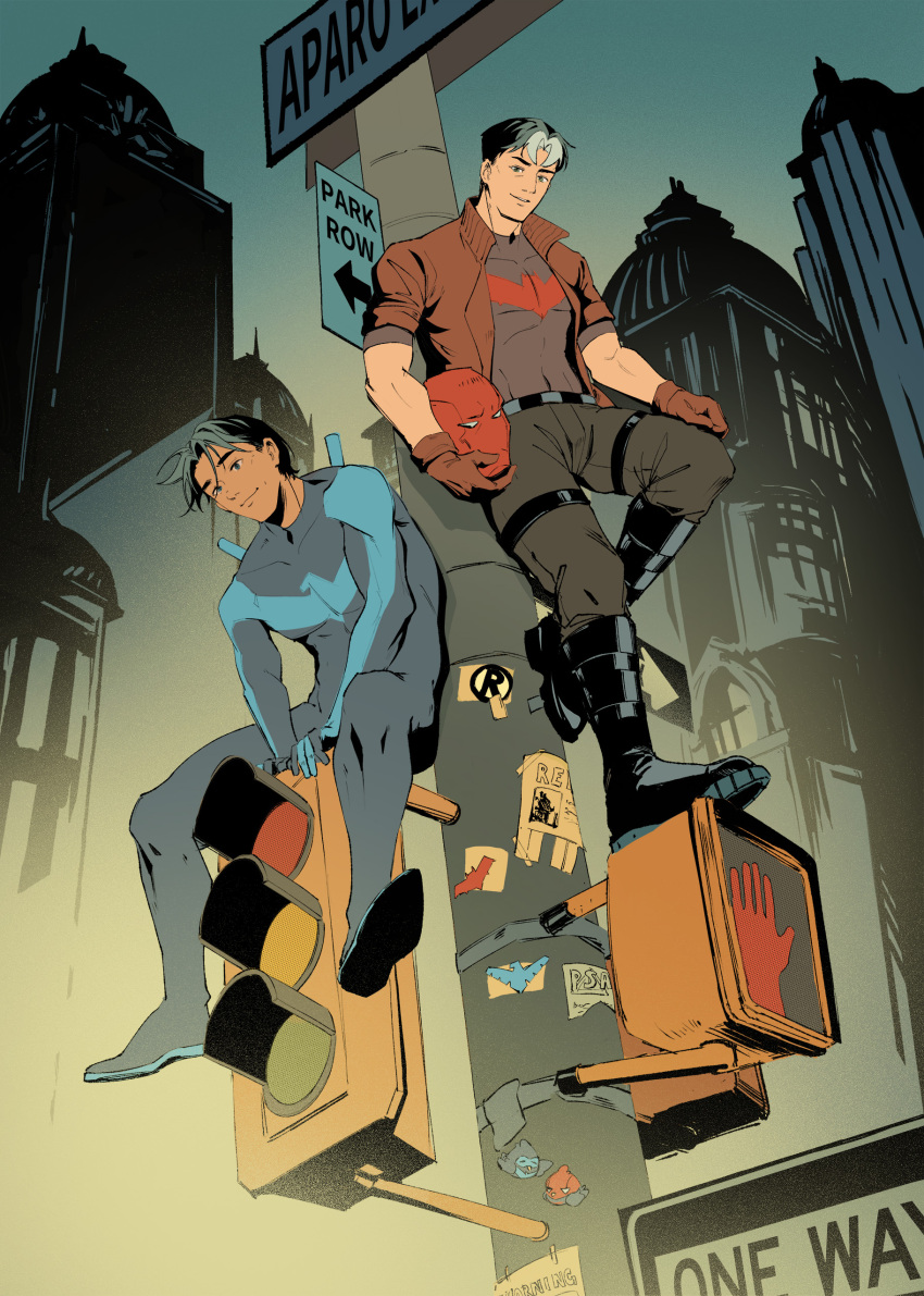 absurdres, batman_(series), batman_symbol, black_bodysuit, black_hair, blue_eyes, bodysuit, brothers