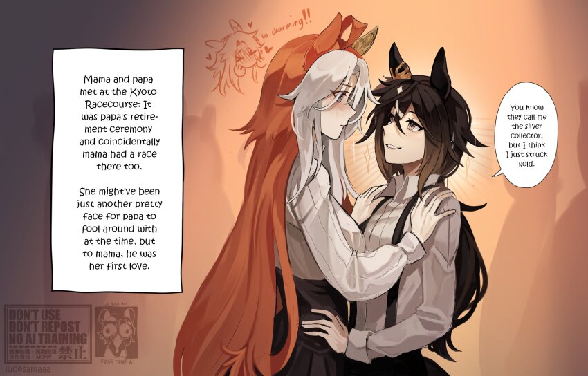 2girls, ahoge, animal_ears, blush, brown_eyes, brown_hair, collared_shirt, commentary, english_commentary, english_text, hand_on_another's_hip, hand_on_another's_shoulder, height_difference, highres, horse_ears, horse_girl, horse_tail, incest, lucesamaaa, mother_and_child, mother_and_daughter, multicolored_hair, multiple_girls, orange_background, orange_hair, oriental_art_(racehorse), parent_and_child, parted_lips, ponytail, shirt, skirt, smile, stay_gold_(umamusume), suspenders, tail, two-tone_hair, umamusume, white_hair, white_shirt, yuri