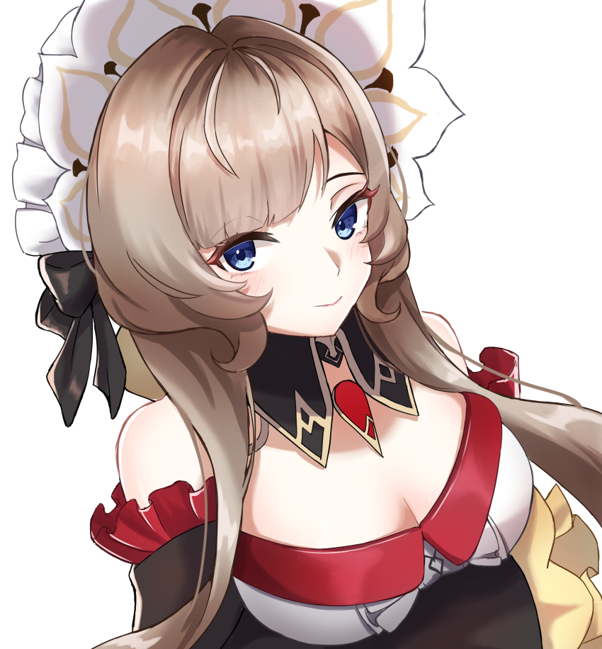 1girl, absurdres, arms_under_breasts, blue_eyes, blush, breasts, brown_hair, cleavage