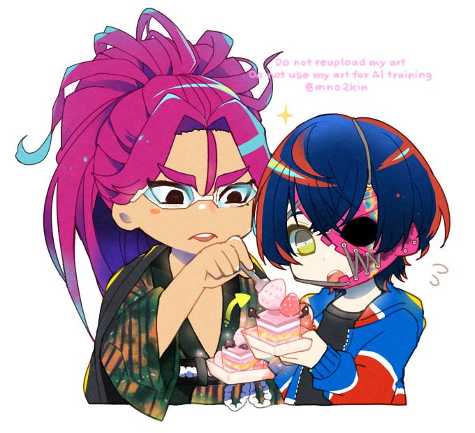1boy, 1girl, :o, arrow_(symbol), black_hair, black_shirt, bowl, cake, chibi, chibi_only, commentary, cropped_torso, food, fork, fruit, glasses, hair_between_eyes, half_mask, hashtag-only_commentary, holding, holding_bowl, holding_fork, jacket, japanese_clothes, kimono, layer_cake, long_hair, long_sleeves, looking_at_food, mask, mno2kin, open_clothes, open_jacket, open_mouth, pink_hair, ponytail, rei_shimobe, reverse_trap, shirt, short_hair, shuten_order, simple_background, strawberry, twitter_username, watermark, white_background, yellow_eyes, yugen_ushitora
