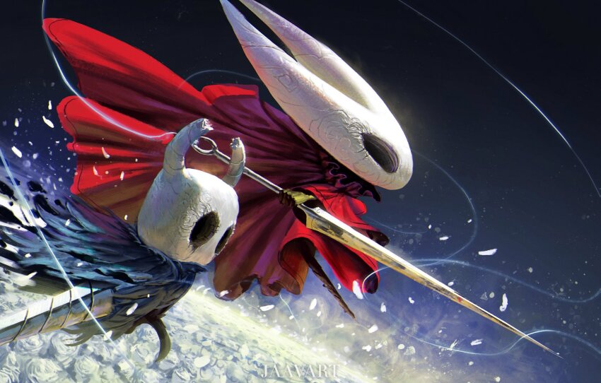 1girl, 1other, arthropod_girl, artist_name, black_eyes, black_skin, blue_background, blue_cloak