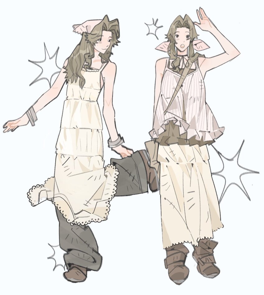 1girl, aerith_gainsborough, alternate_costume, bag, bandana, bangle, black_pants, boots