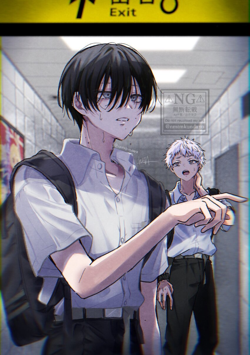 2boys, backpack, bag, black_bag, black_hair, black_pants, collared_shirt, hair_between_eyes, hand_on_own_neck, highres, hikaru_ga_shinda_natsu, indou_hikaru, male_focus, mole, mole_on_cheek, mole_on_neck, mole_under_mouth, multiple_boys, nmtmkundayo, open_mouth, pants, parted_lips, pointing, school_uniform, shirt, short_hair, sweat, tsujinaka_yoshiki, twitter_username, upper_body, white_hair, white_shirt