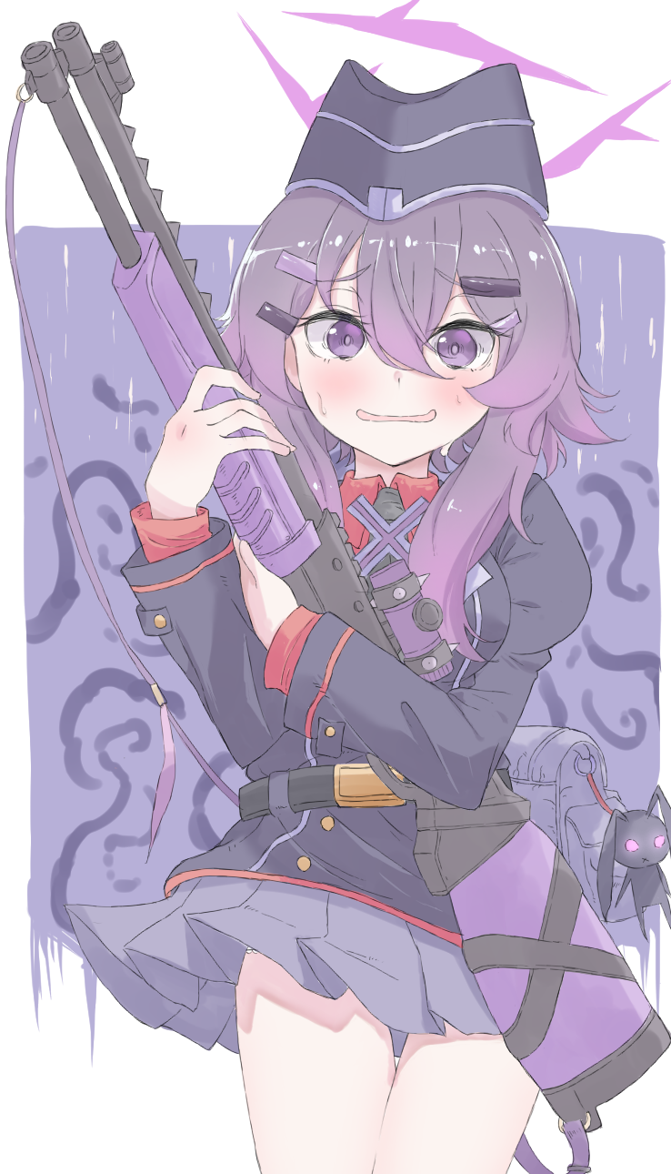 1girl, backpack, bag, bag_charm, black_hat, black_jacket, blue_archive, blush