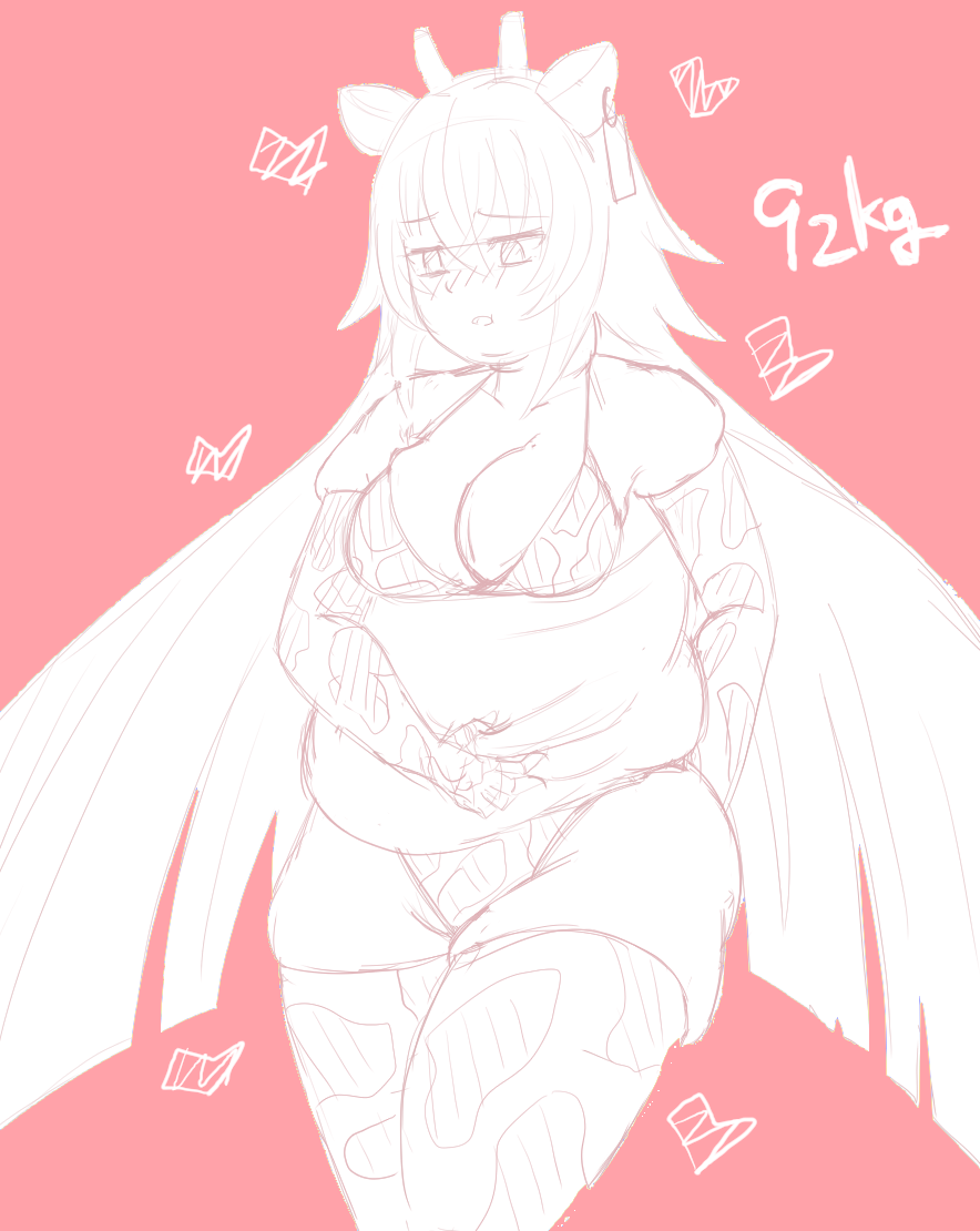 1girl, animal_print, breasts, cow_print, fat, fat_woman, grimms_notes, long_hair, magic_mirror_(grimms_notes), medium_breasts, sanshouo999, solo, unfinished, very_long_hair, weight_gain