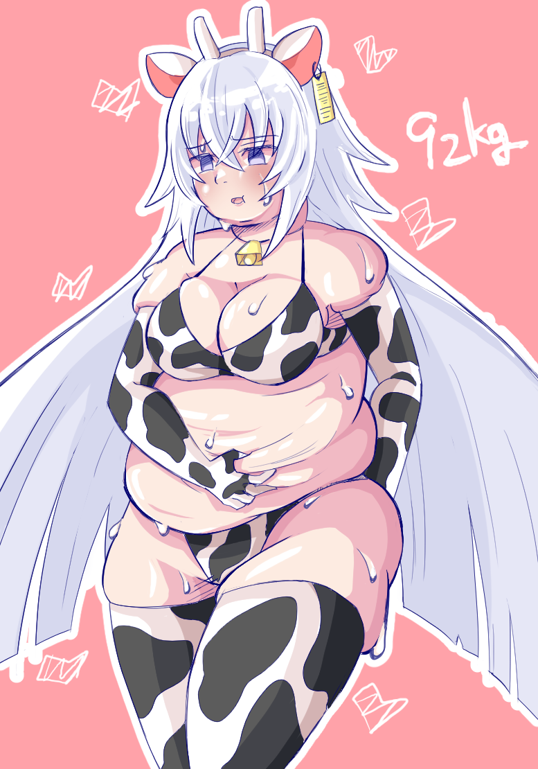 1girl, animal_print, breasts, cleavage, cow_print, fat, fat_woman, grimms_notes