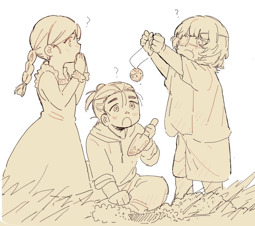 1girl, 2boys, ?, aged_down, alternate_universe, badeni, braid, chi.:_chikyuu_no_undou_ni_tsuite, child, dress, eyepatch, frilled_dress, frills, hair_bun, hand_to_own_mouth, havuegigwibaini, highres, holding, holding_needle, holding_trowel, jolenta, long_dress, monochrome, multiple_boys, needle, oczy, open_mouth, ponytail, scar, scar_on_face, scar_on_mouth, scar_on_nose, single_braid, sketch, trowel, white_background