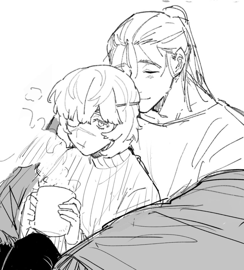 2boys, badeni, black_pants, blush, chi.:_chikyuu_no_undou_ni_tsuite, closed_eyes, cup, eyepatch