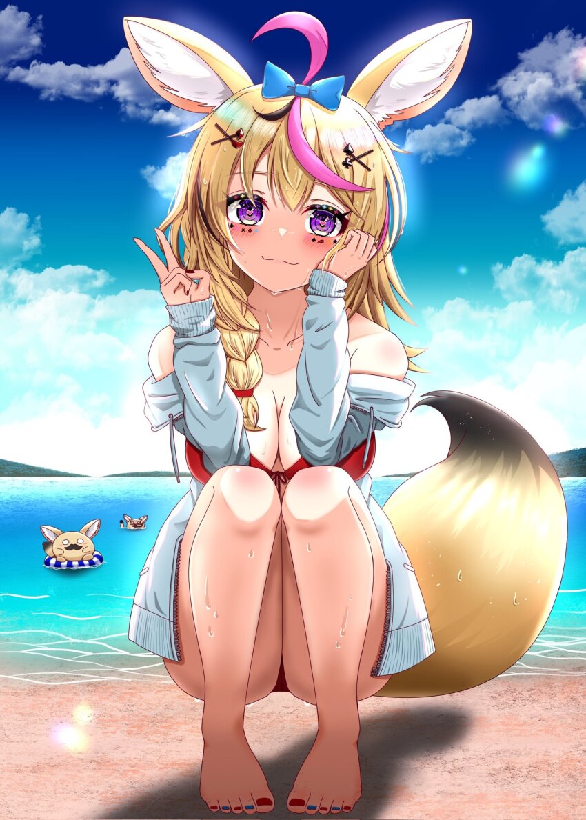 1girl, :3, animal_ear_fluff, animal_ears, barefoot, beach, bikini, blonde_hair