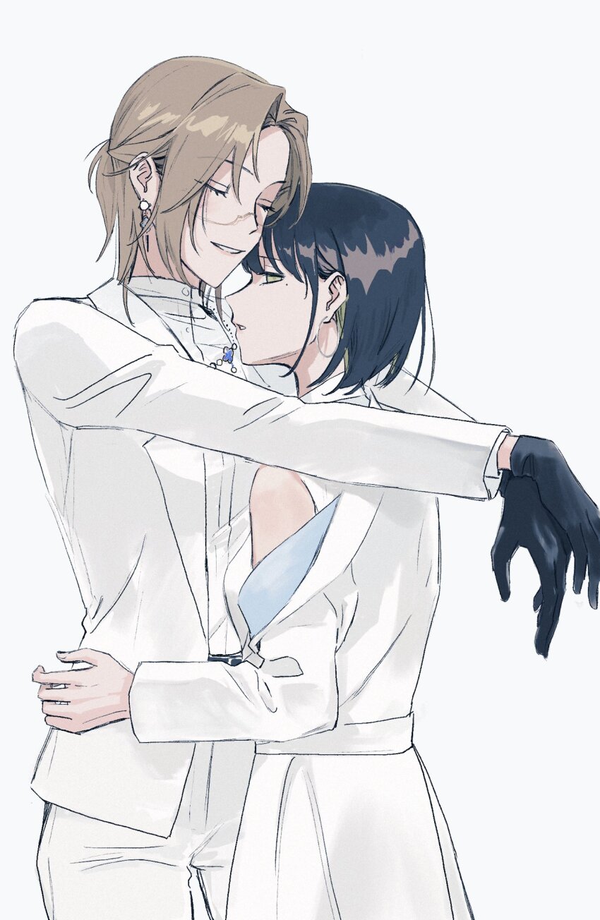 2girls, arms_around_neck, black_gloves, black_hair, brown_hair, closed_eyes, dress, earrings