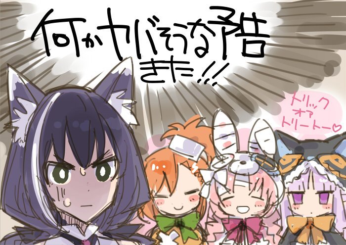 4girls, :|, animal_ear_fluff, animal_ears, animal_hat, bandaged_ear, black_hair, blunt_bangs