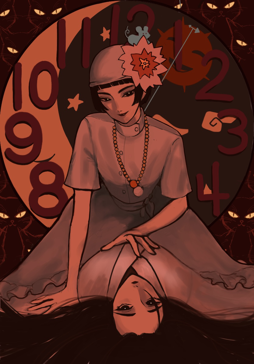 2girls, analog_clock, arm_support, artist_request, ayakashi:_japanese_classic_horror, bad_id, bad_pixiv_id, bead_necklace