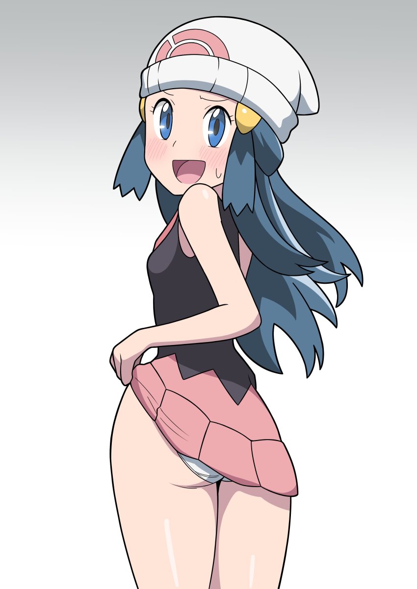 1girl, absurdres, araki_megami, blue_eyes, blue_hair, dawn_(pokemon), highres, miniskirt, nintendo, panties, pantyshot, pokemon, pokemon_diamond/pearl/platinum, skirt, underwear