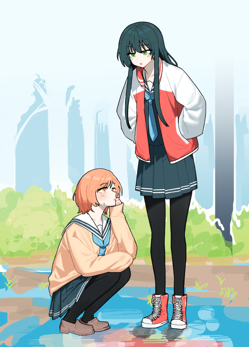 2girls, absurdres, amayo_no_tsuki, betato, black_pantyhose, black_skirt, blue_neckerchief, blush