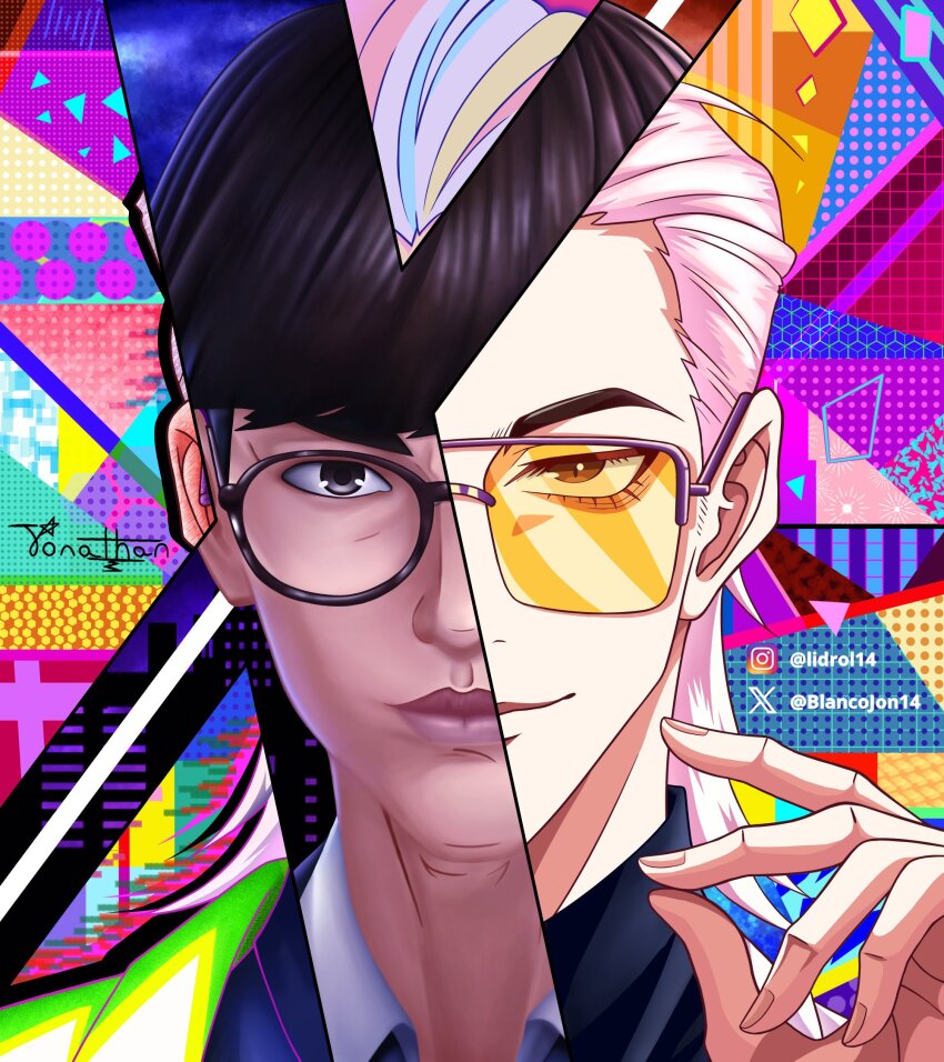 1boy, abstract_background, blancojon14, bowl_cut, formal_clothes, hair_slicked_back, highres, male_focus