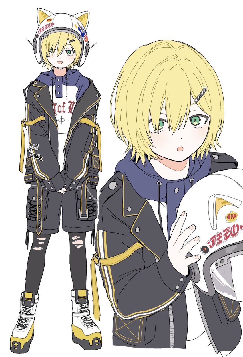 1boy, animal_helmet, black_jacket, black_leggings, black_shorts, blonde_hair, green_eyes, hair_between_eyes