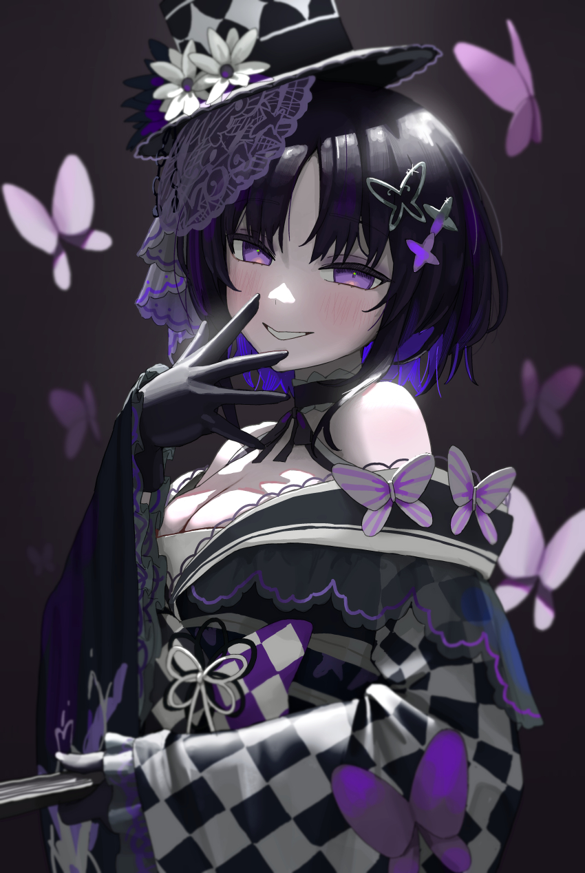 1girl, absurdres, bare_shoulders, black_background, black_gloves, black_hair, black_kimono, breasts